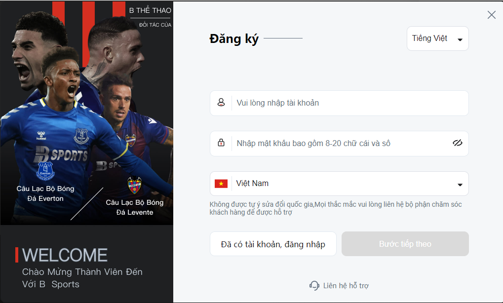 Giao diện đăng ký tài khoản của nhà BSports