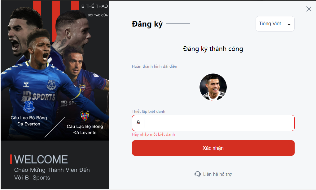 Ấn xác nhận "Đăng ký thành công"