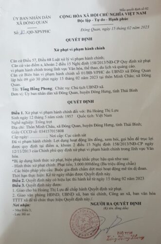 Văn bản xử phạt bà Hoàng Thị Lựu